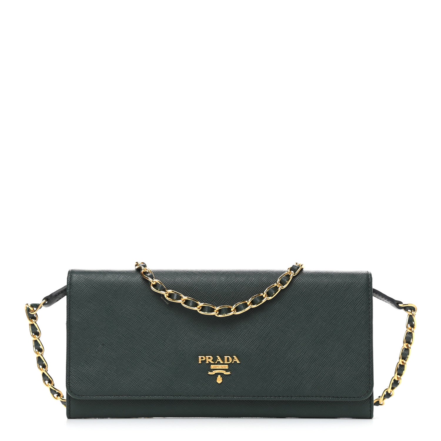 Prada Saffiano Metal Oro Chain Wallet Smeraldo 1 of 9
