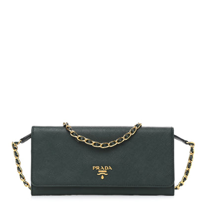 Prada Saffiano Metal Oro Chain Wallet Smeraldo 1 of 9