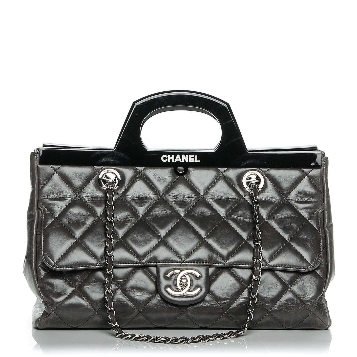 Glazed Calfskin Quilted Small CC Delivery Tote Grey