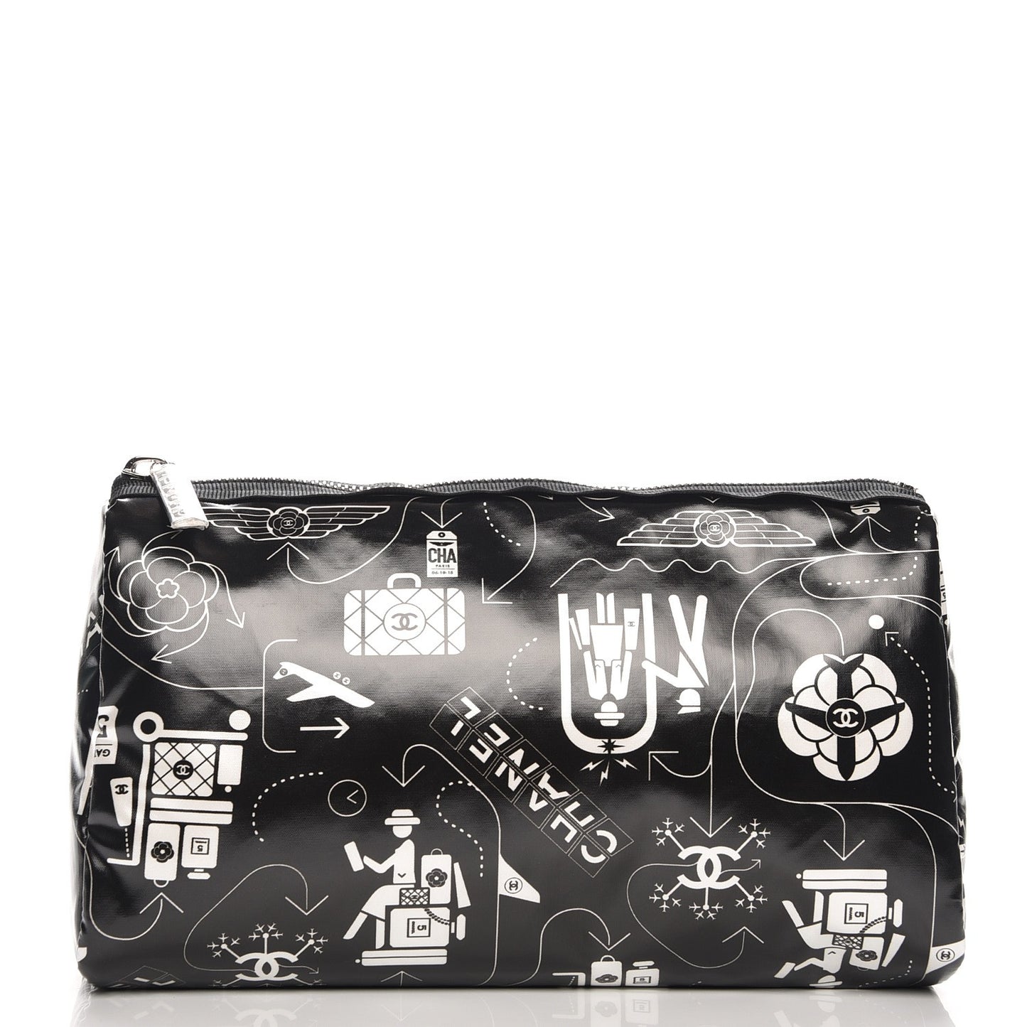 Coated Canvas Airline Cosmetic Pouch Black White