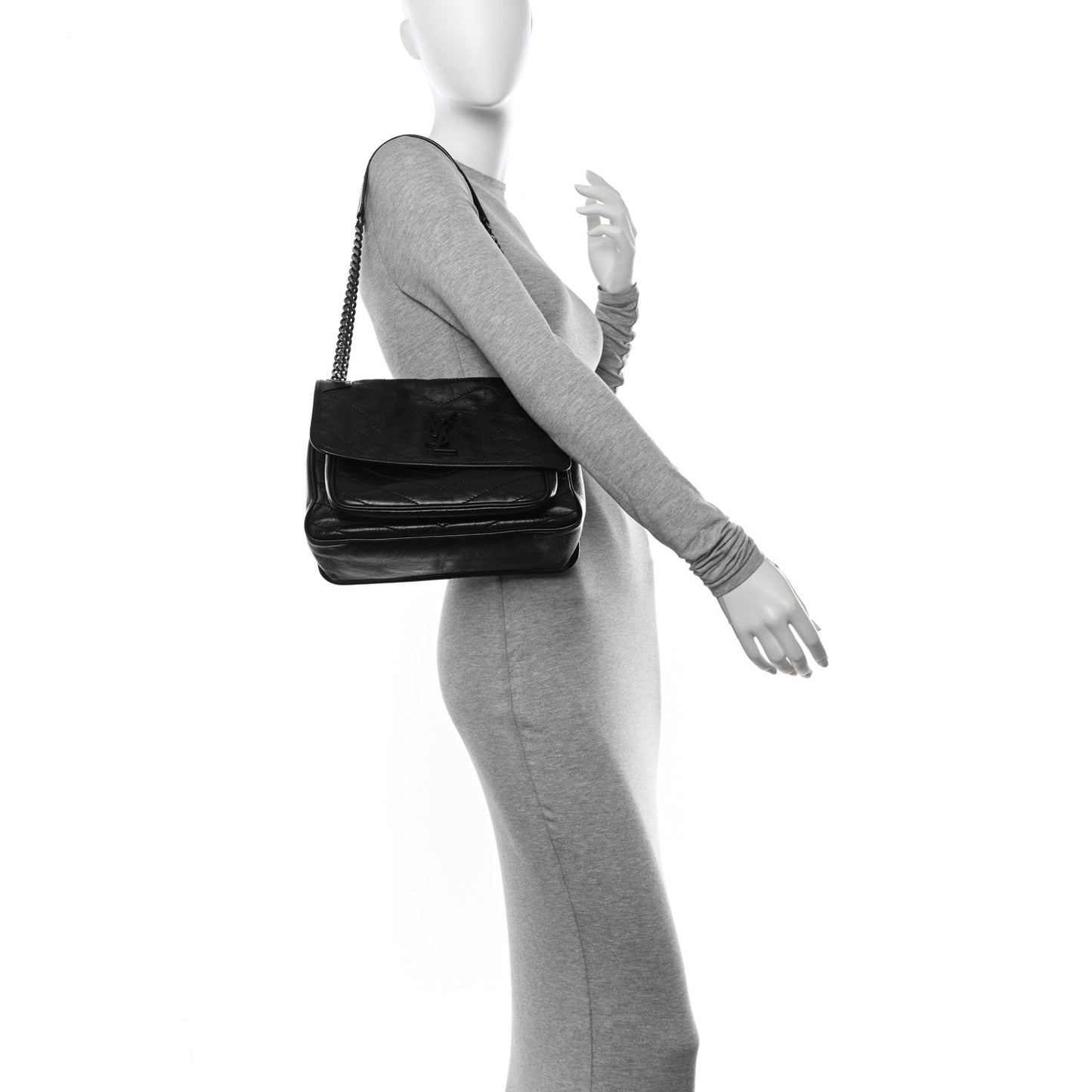 Crinkled Calfskin Matelasse Monogram Medium Niki Chain Satchel Black
