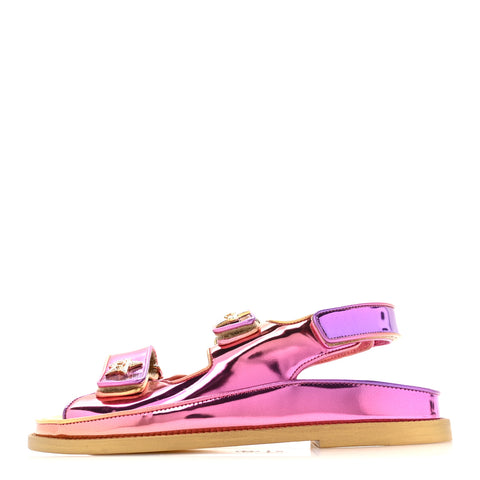 Metallic Laminated Calfskin Crystal Star CC Velcro Dad Sandals 37.5 Pink Orange Yellow