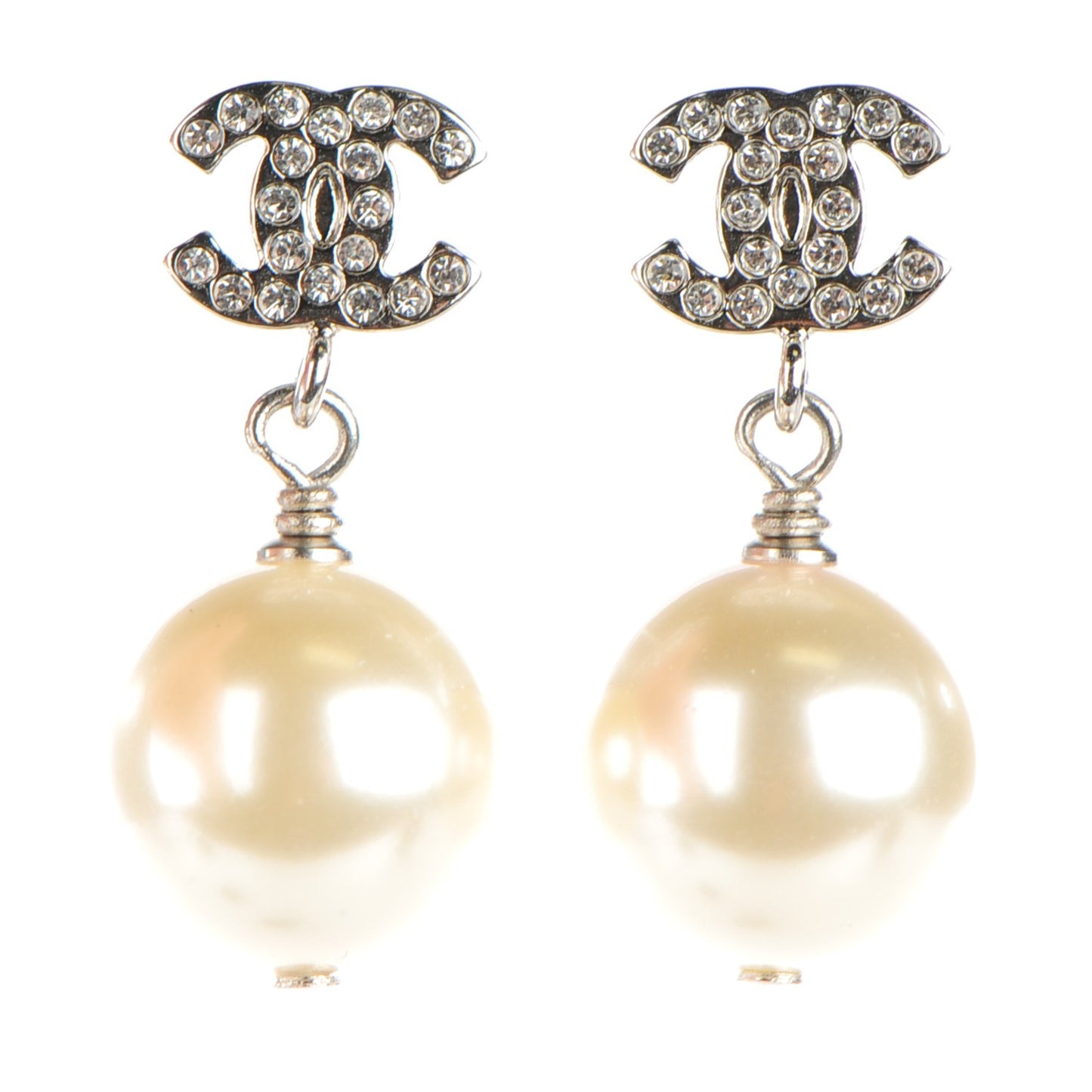 Crystal Pearl CC Drop Earrings Silver