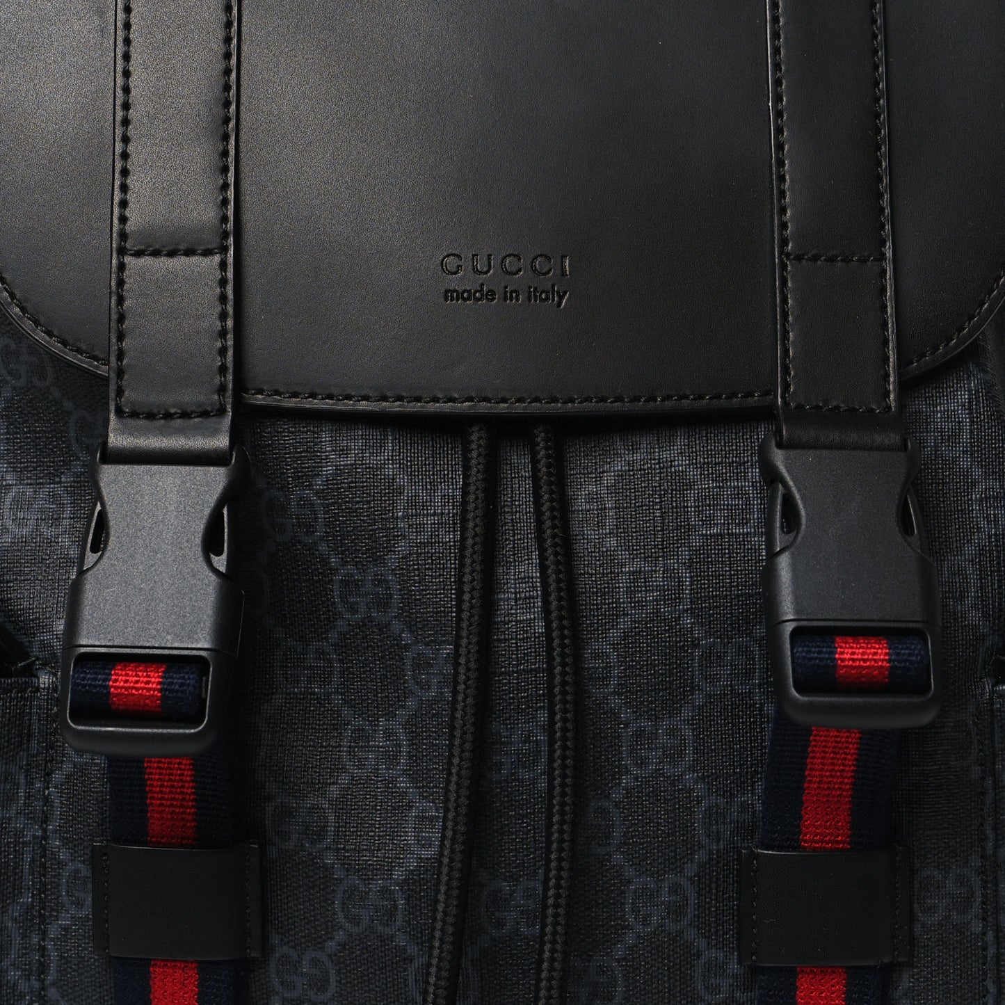 Soft GG Supreme Monogram Calfskin Web Double Buckle Backpack Black