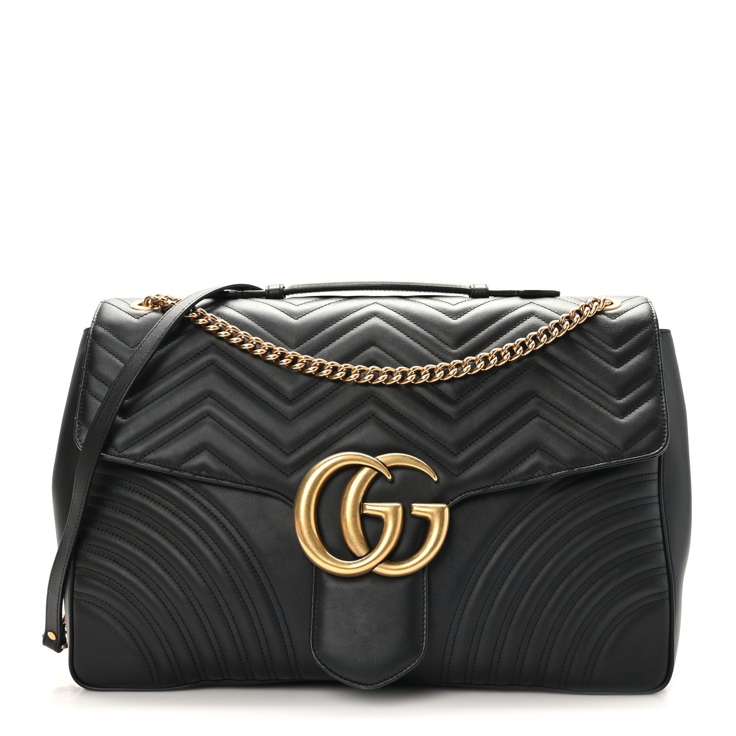 Gucci Calfskin Matelasse Maxi GG Marmont Top Handle Shoulder Bag Black 1 of 10