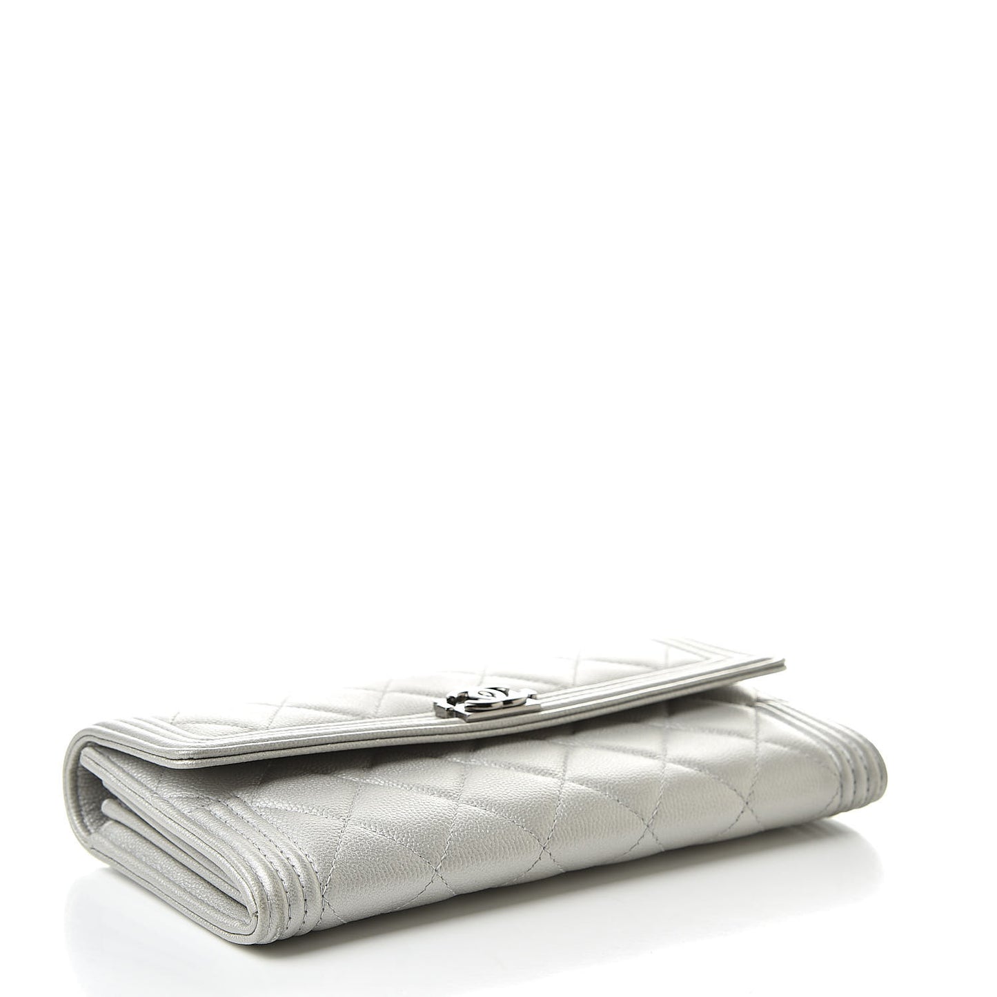 Metallic Caviar Quilted Large Boy Gusset Flap Wallet Silver