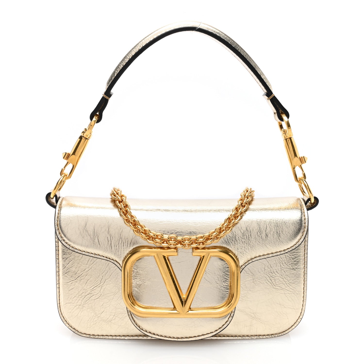 Valentino Garavani Metallic Crackle Effect Calfskin Vlogo Small Loco Shoulder Bag Platino 1 of 9