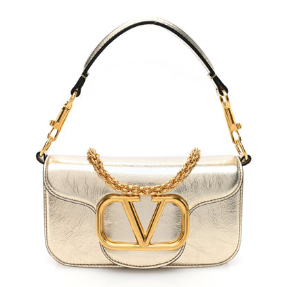 Valentino Garavani Metallic Crackle Effect Calfskin Vlogo Small Loco Shoulder Bag Platino 1 of 9