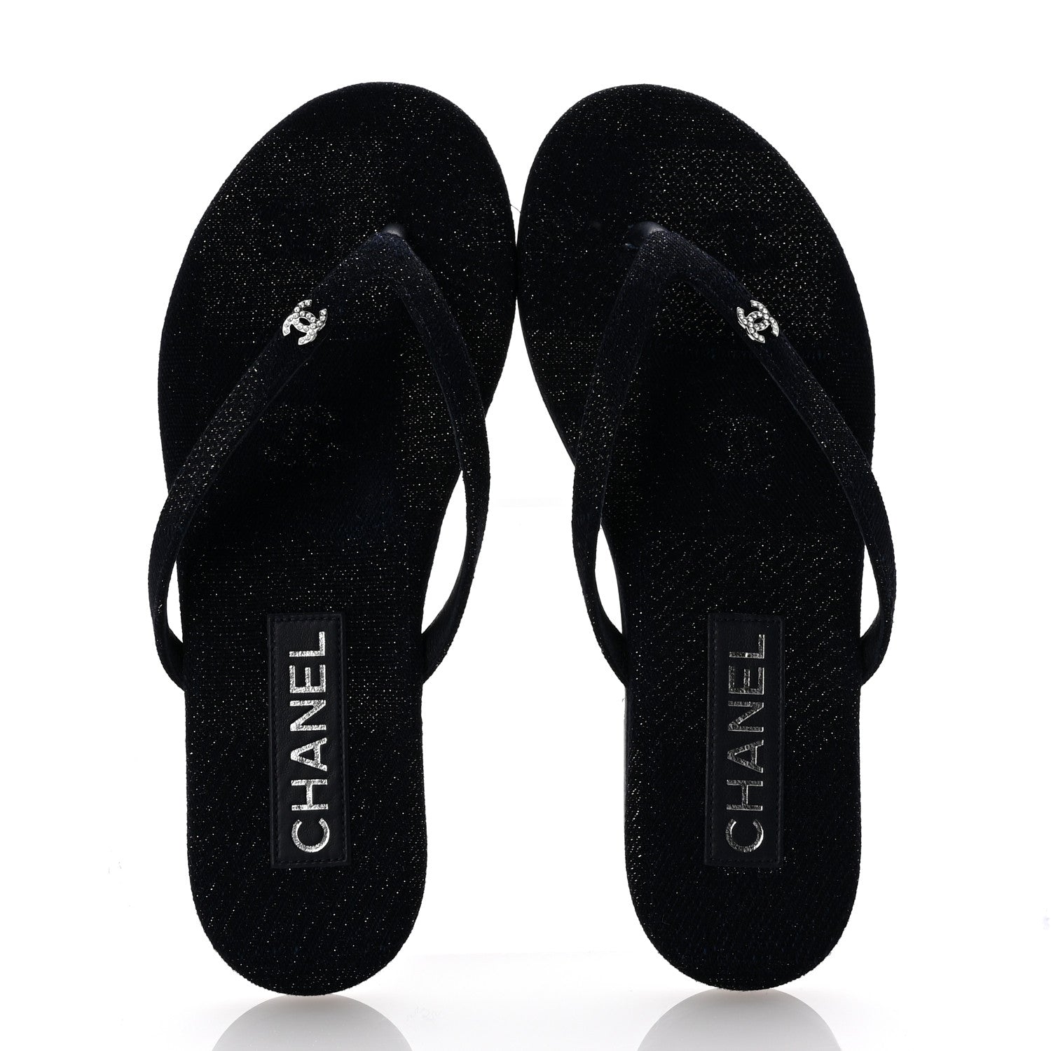 Chanel Cotton SIlk Crystal CC Thong Sandals 36.5 Dark Blue Silver 2 of 10