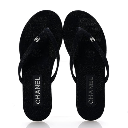 Chanel Cotton SIlk Crystal CC Thong Sandals 36.5 Dark Blue Silver 2 of 10