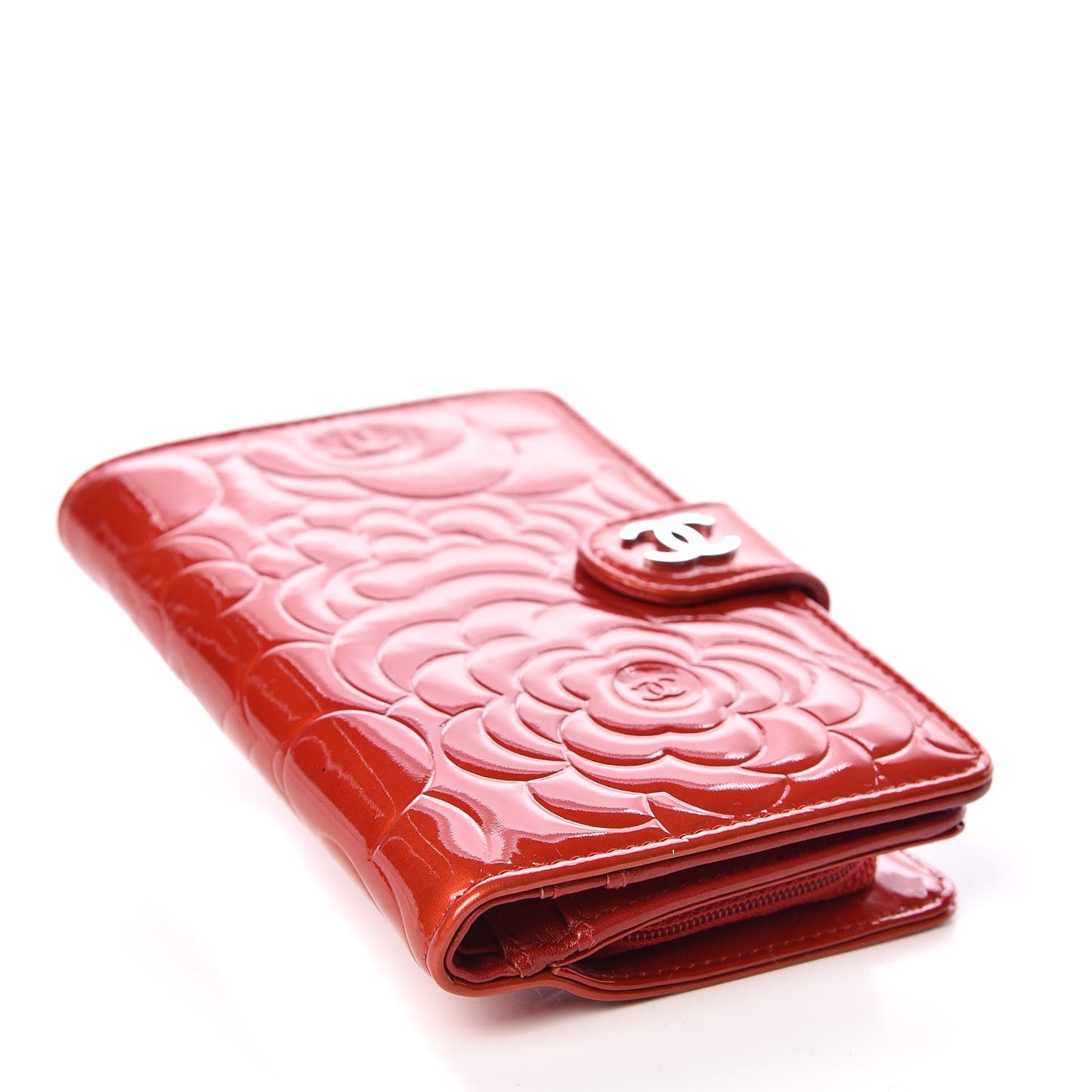 Patent Camellia Embossed Zipped Pocket Wallet Dark Red