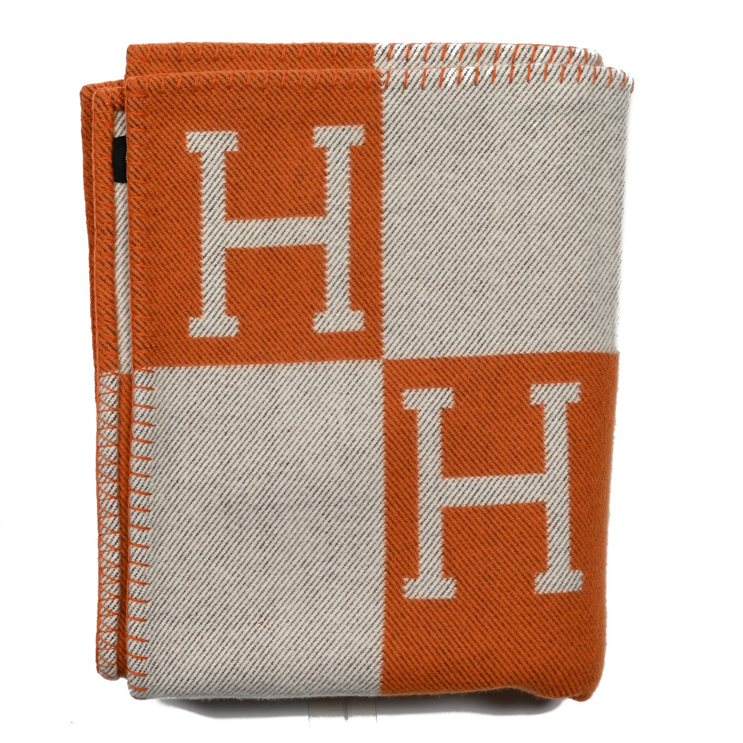 Hermes Wool Cashmere Signature Classic Avalon Blanket Ecru Potiron 1 of 3