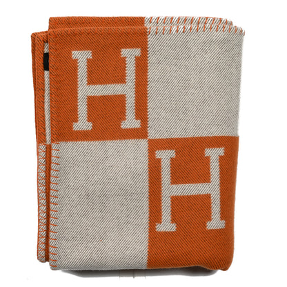 Hermes Wool Cashmere Signature Classic Avalon Blanket Ecru Potiron 1 of 3