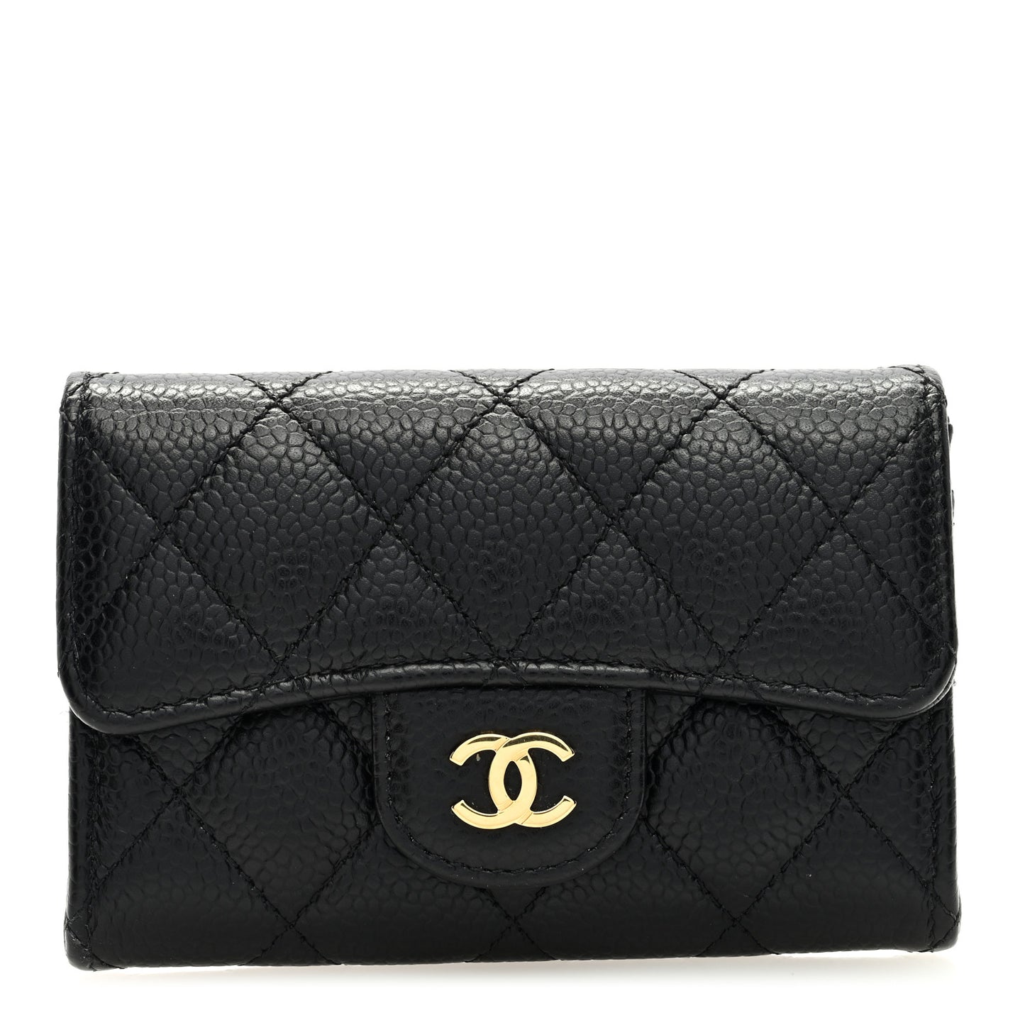 Caviar Quilted Flap Card Holder Wallet Black