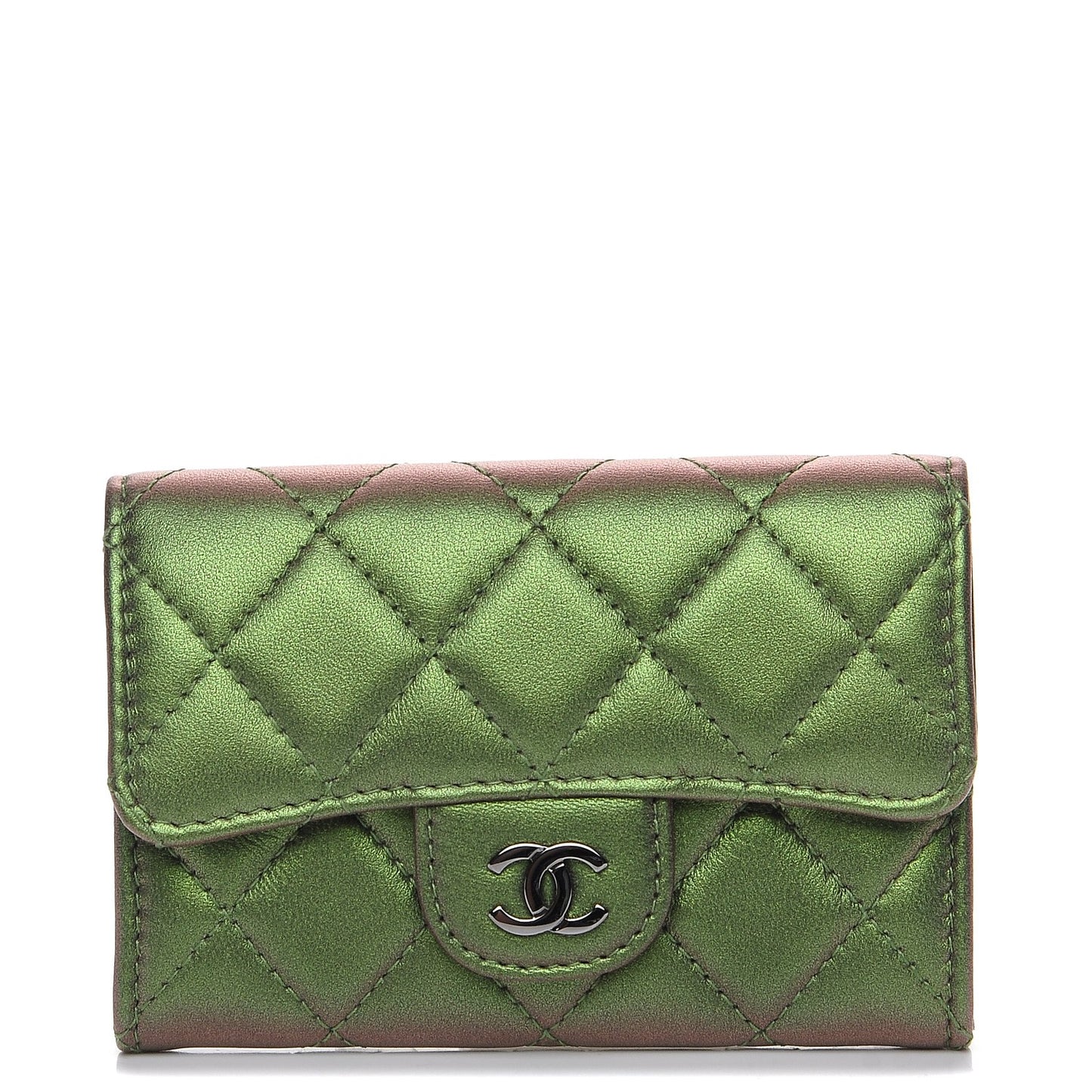 Metallic Lambskin Quilted Card Holder Green