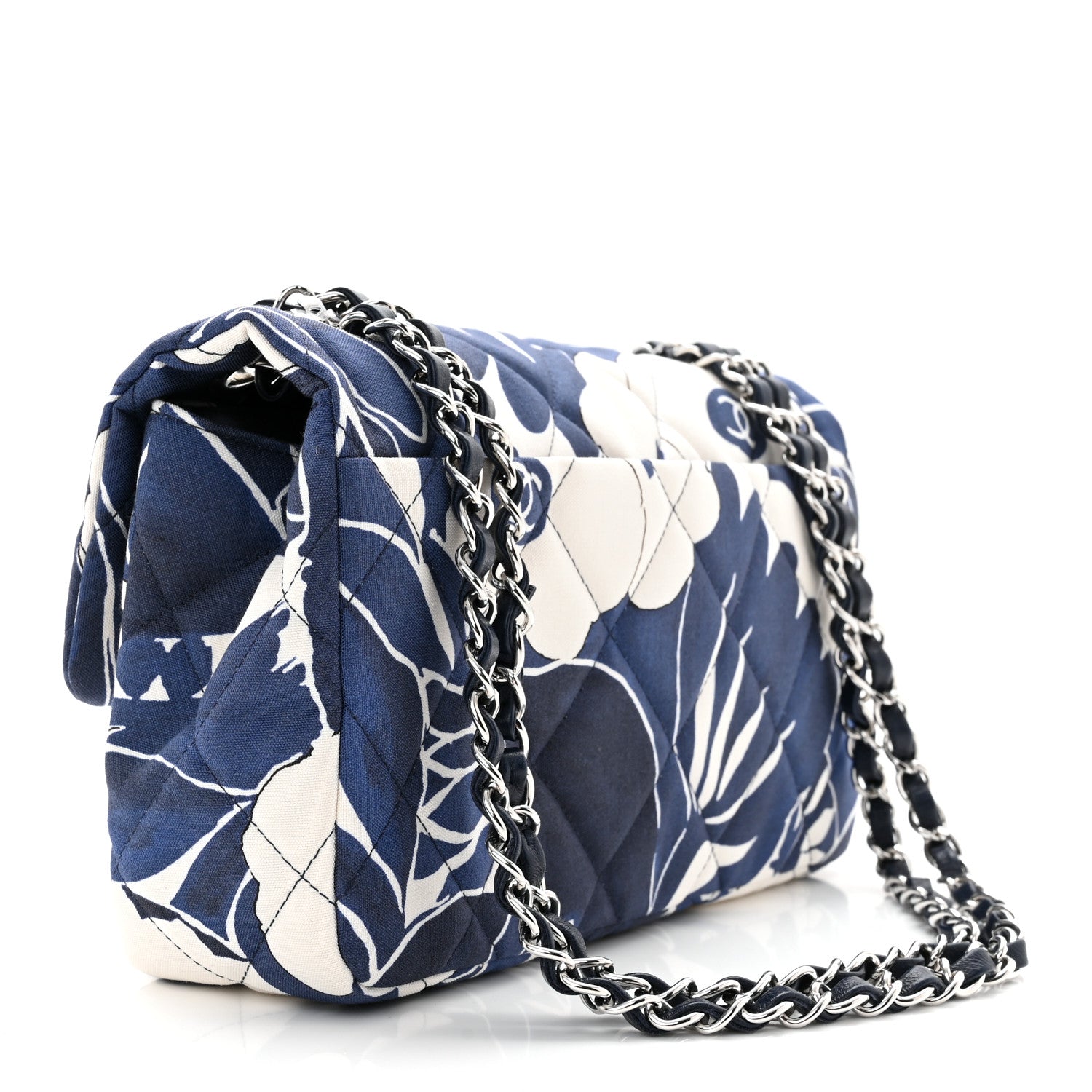 Chanel Floral Printed Silk CC Medium Single Flap Navy Blue White