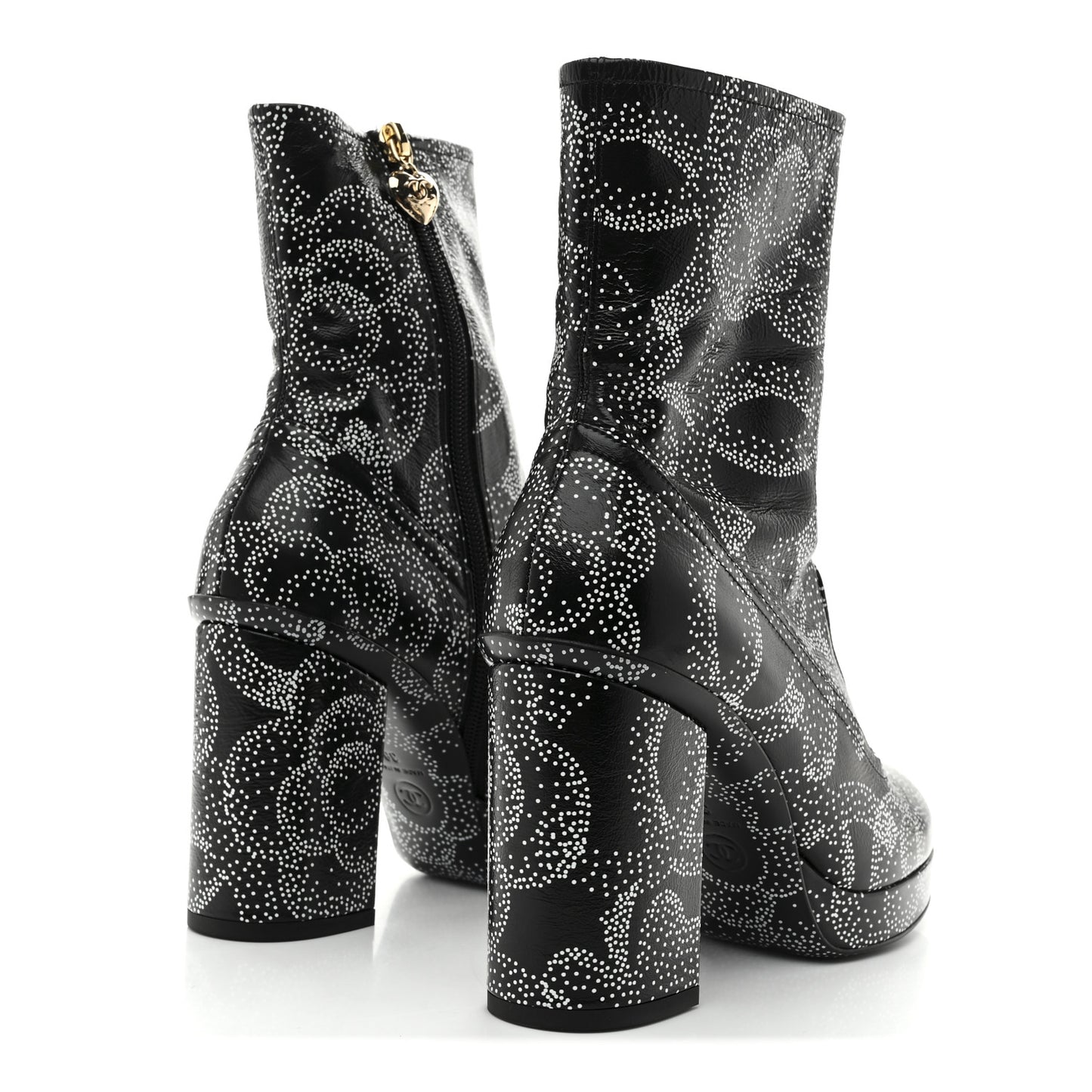 Calfskin Camellia Printed Ankle Boots 38 Black White