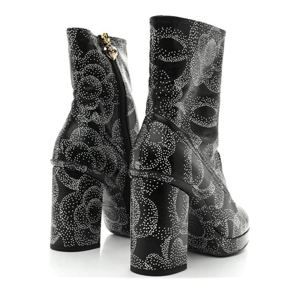Chanel Calfskin Camellia Printed Ankle Boots 38 Black White 4 of 9