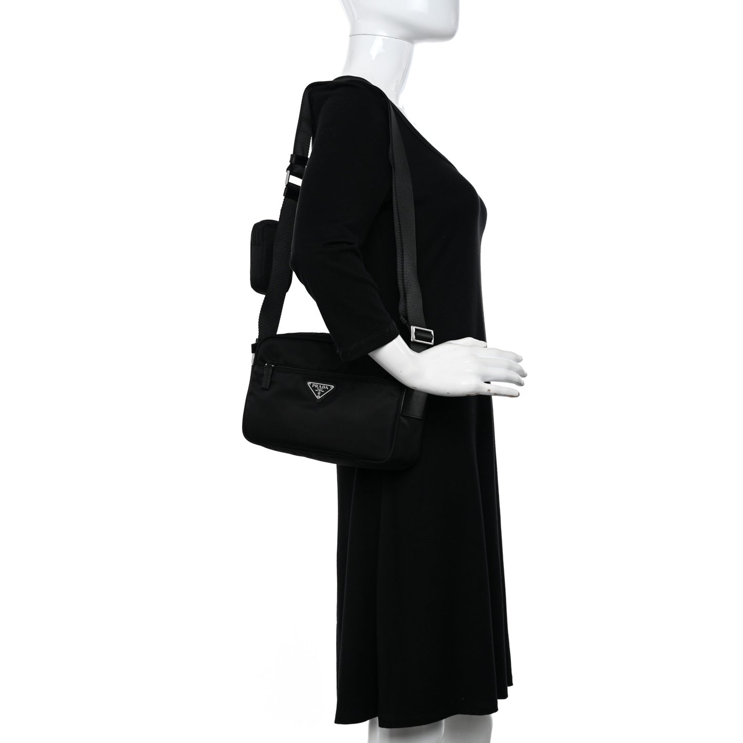 Re-Nylon Vela Saffiano Pocket Double Zip Shoulder Bag Black