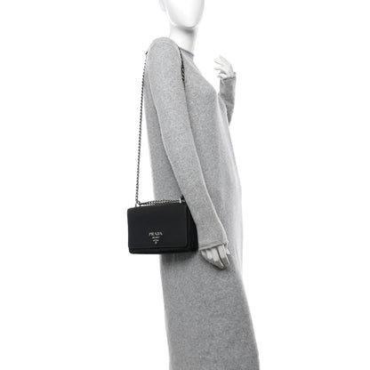 Prada Saffiano Tessuto Nylon Chain Shoulder Bag Black 2 of 11