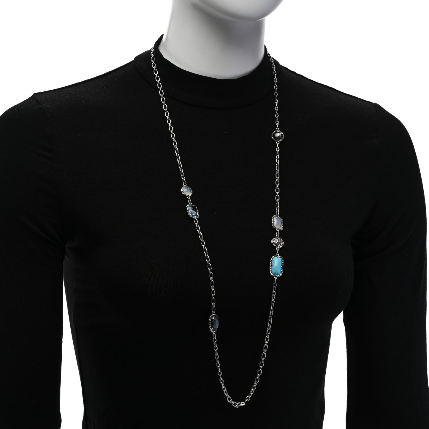 Sterling Silver Blue Sapphire Blue Topaz Doublet Milky Quartz Turquoise Chatelaine Long Necklace