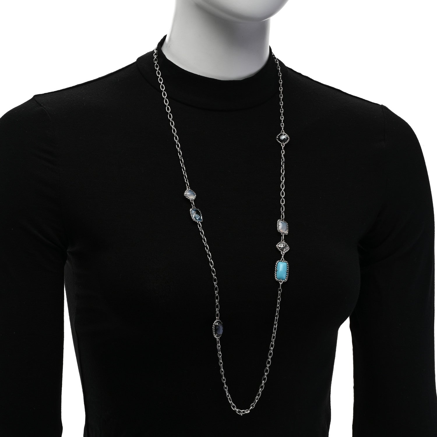 David Yurman Sterling Silver Blue Sapphire Blue Topaz Doublet Milky Quartz Turquoise Chatelaine Long Necklace 2 of 4