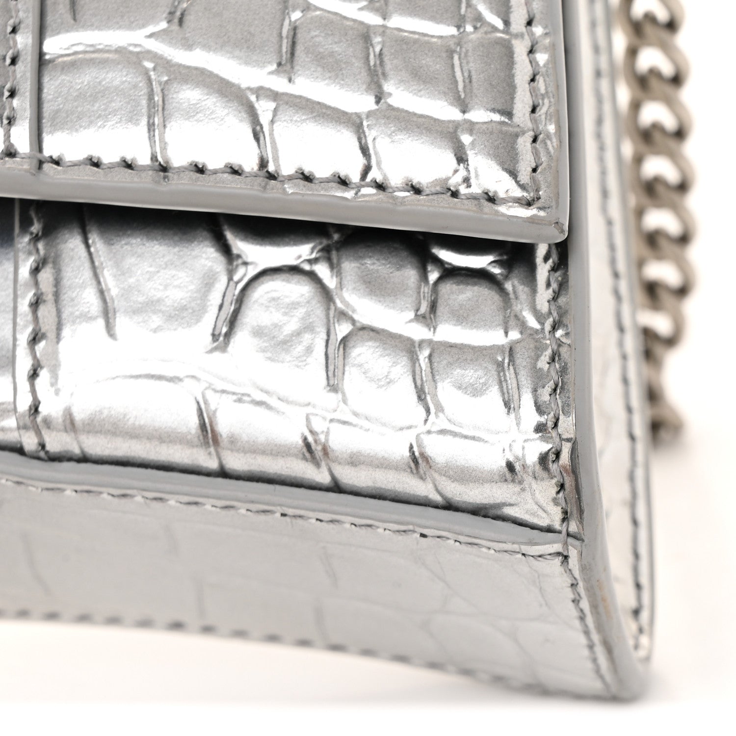 Balenciaga Metallic Calfskin Crocodile Embossed Hourglass Chain Bag Silver 10 of 13