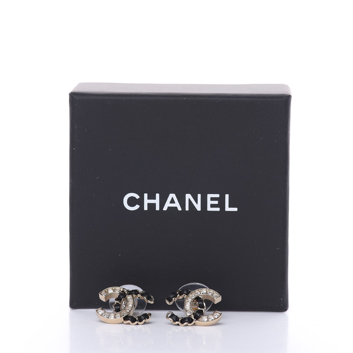 Crystal Baguette Lambskin Chain CC Vintage Allure Stud Earrings Black Gold