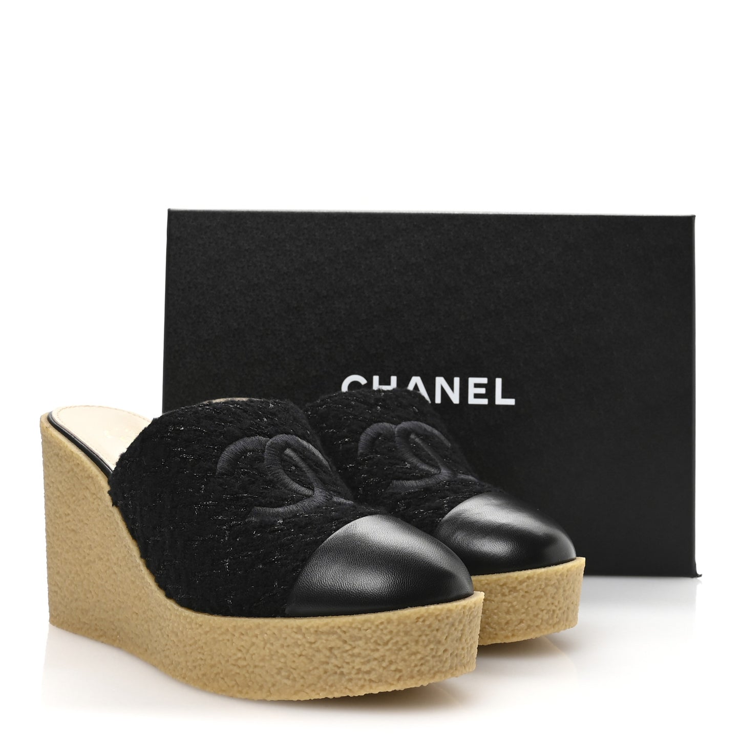 Iridescent Wool Tweed Lambskin CC Mules 39 Black