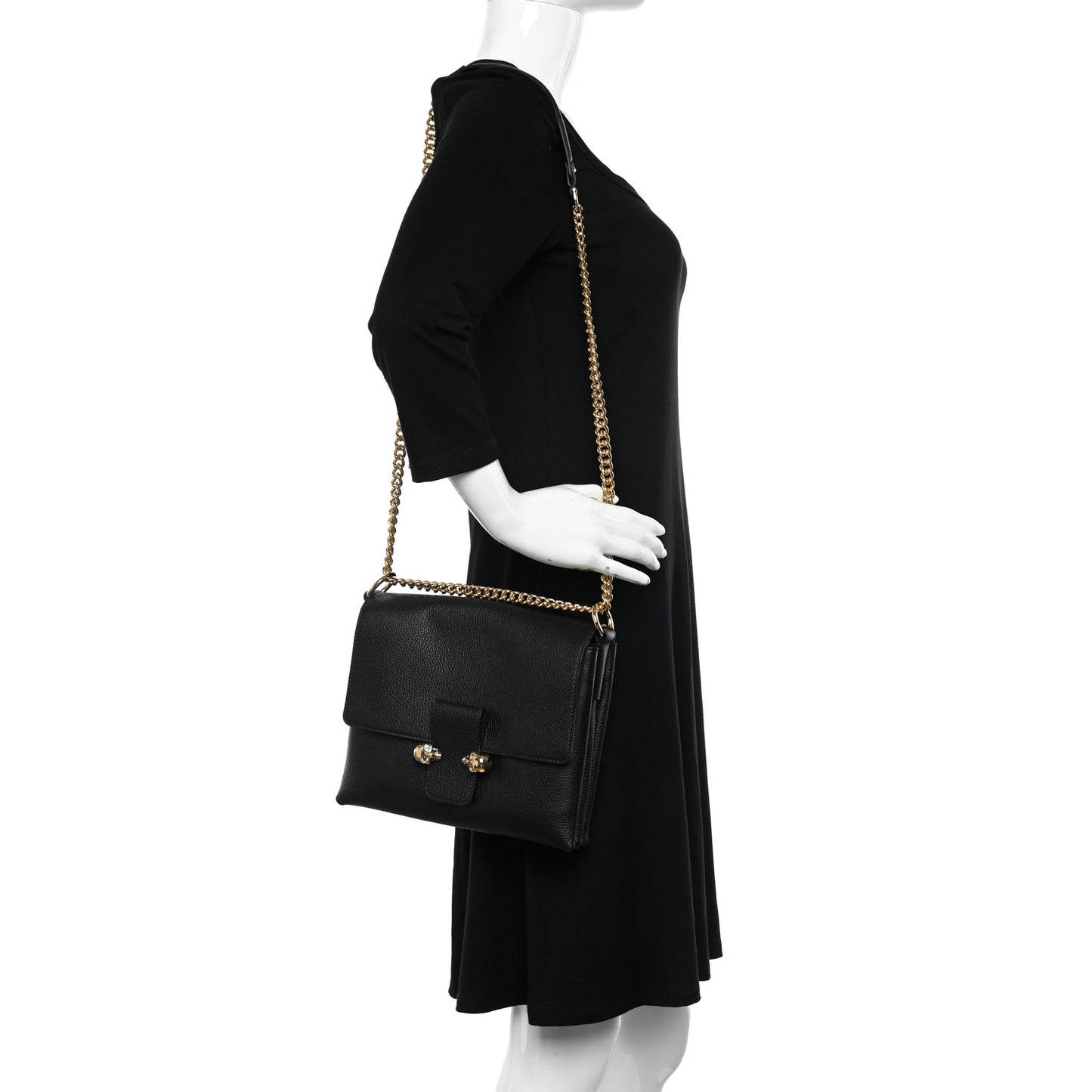 Calfskin Medium Twin Skull Chain Crossbody Black