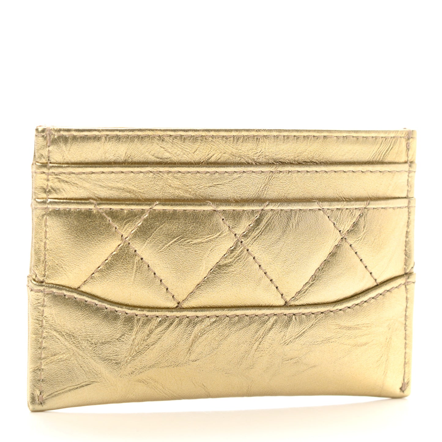 Metallic Aged Calfskin Quilted Gabrielle Card Holder Wallet Gold