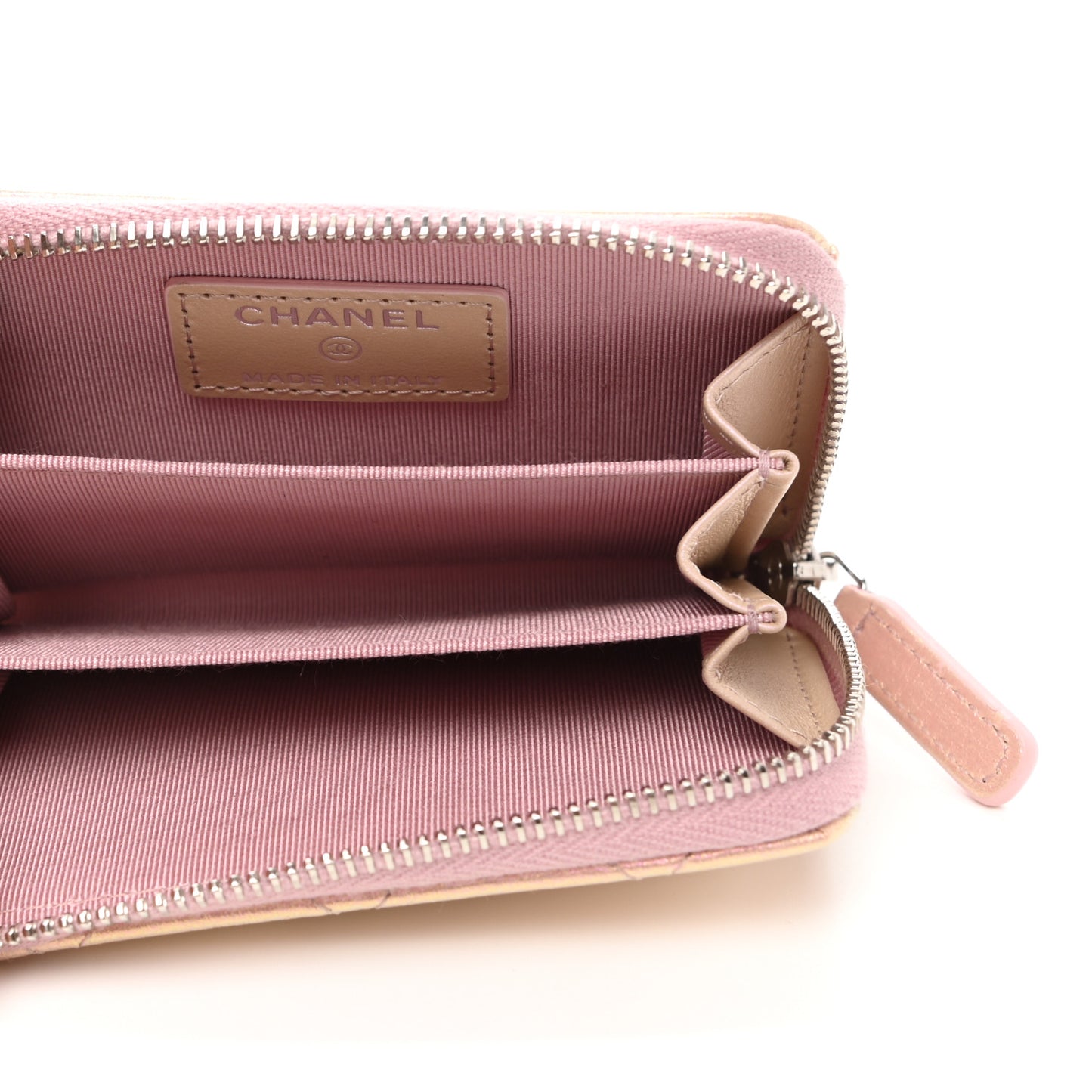 Iridescent Calfskin Quilted Zip Coin Purse Wallet Pink