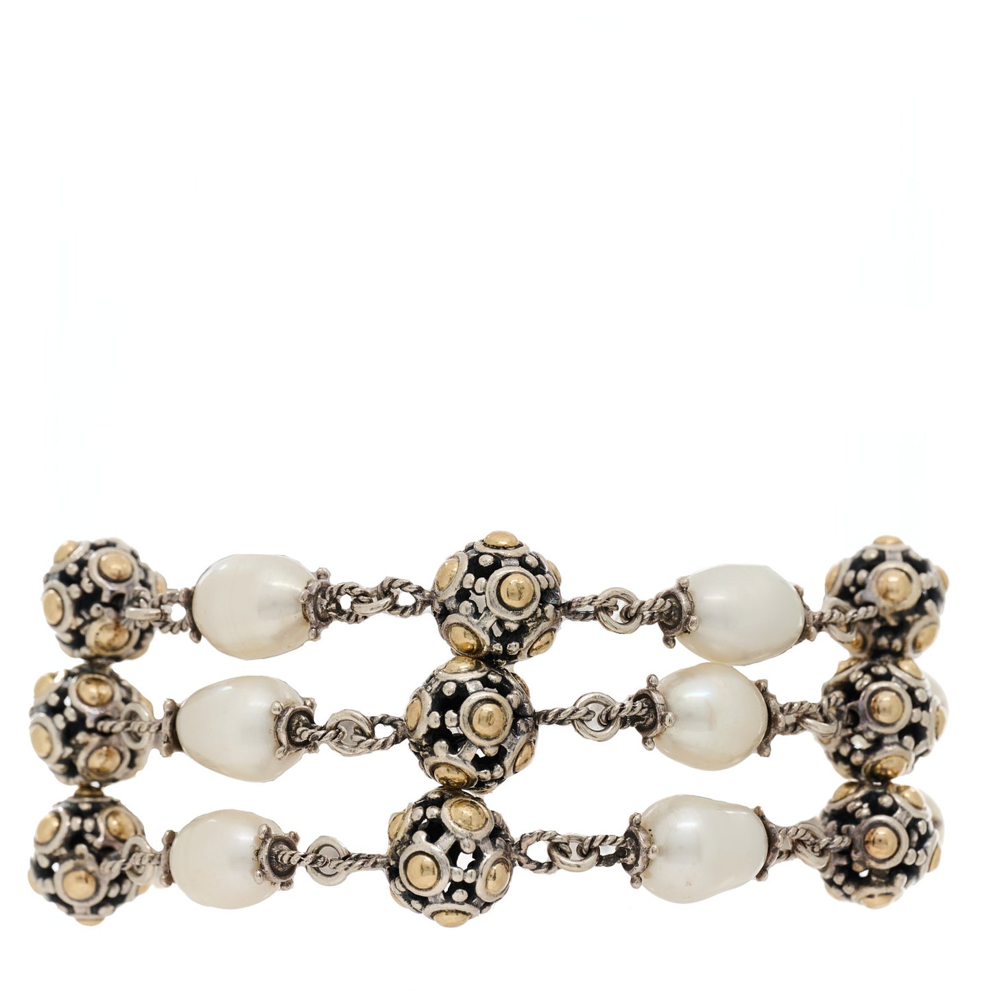 Sterling Silver 18K Yellow Gold Pearl 3-Row Jaisalmer Bracelet