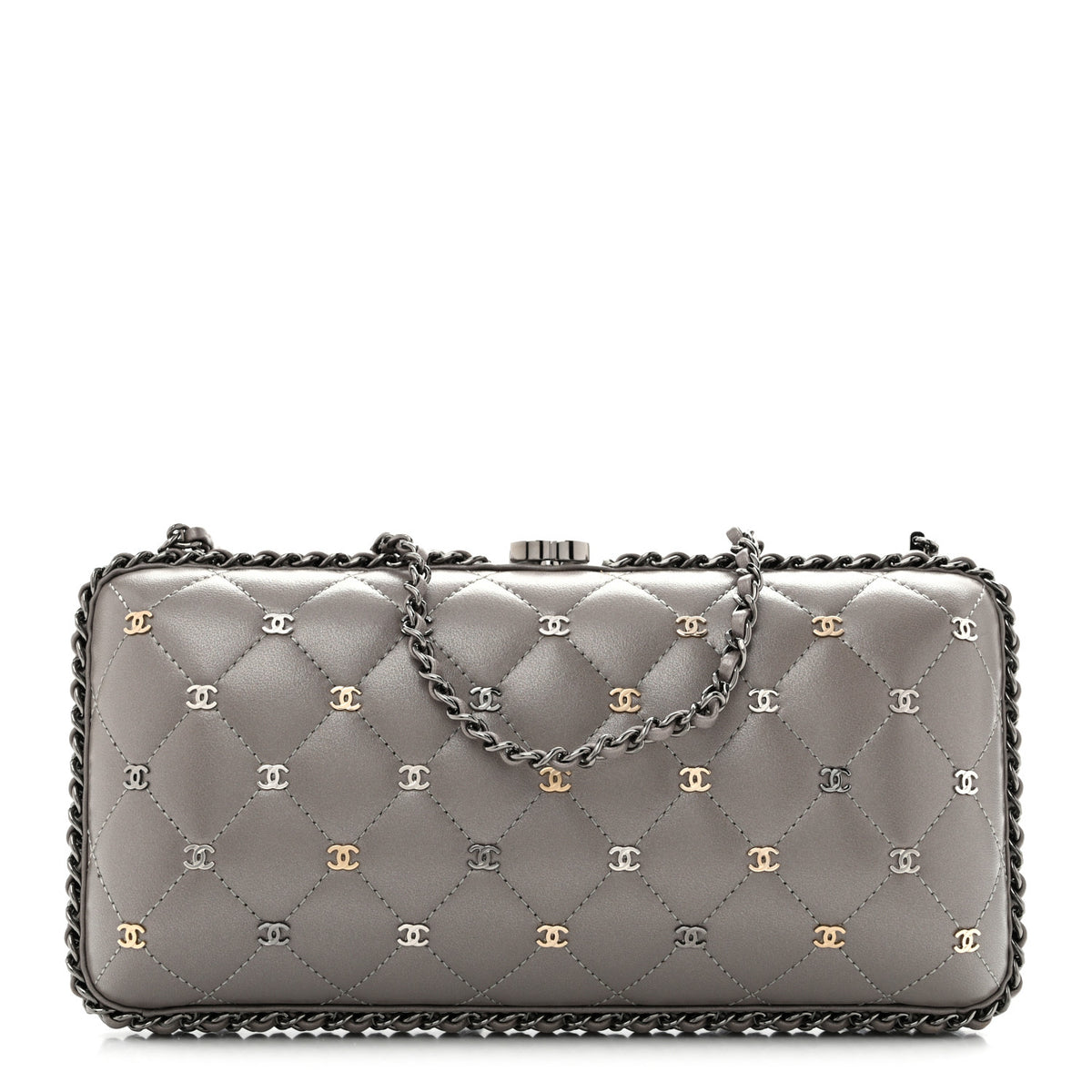 Chanel Lambskin Quilted CC Studded Chain Around Clutch Grey 1 of 12