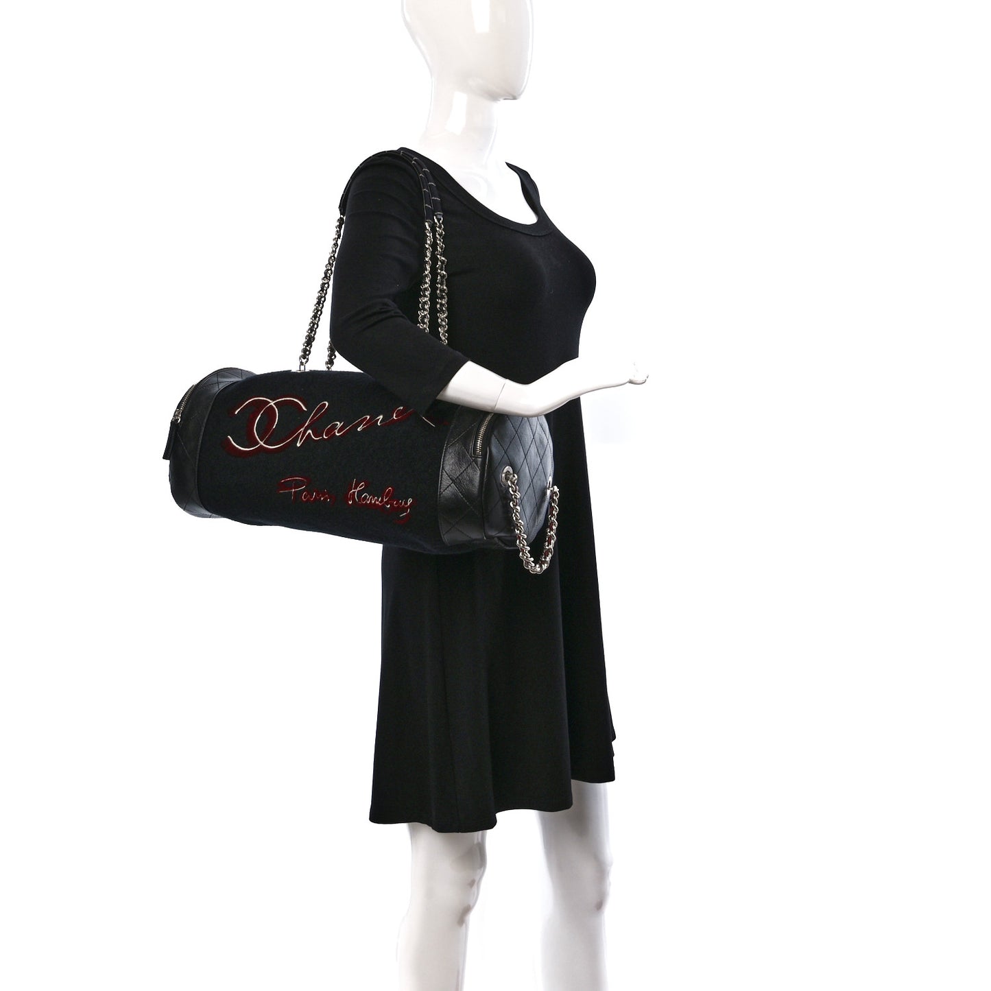 Wool Calfskin Embroidered Paris Hamburg Bowling Bag Black