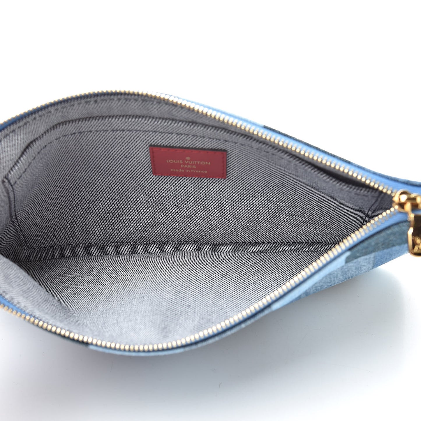 Denim Damier Monogram Patchwork Neverfull MM Pochette Blue Rouge