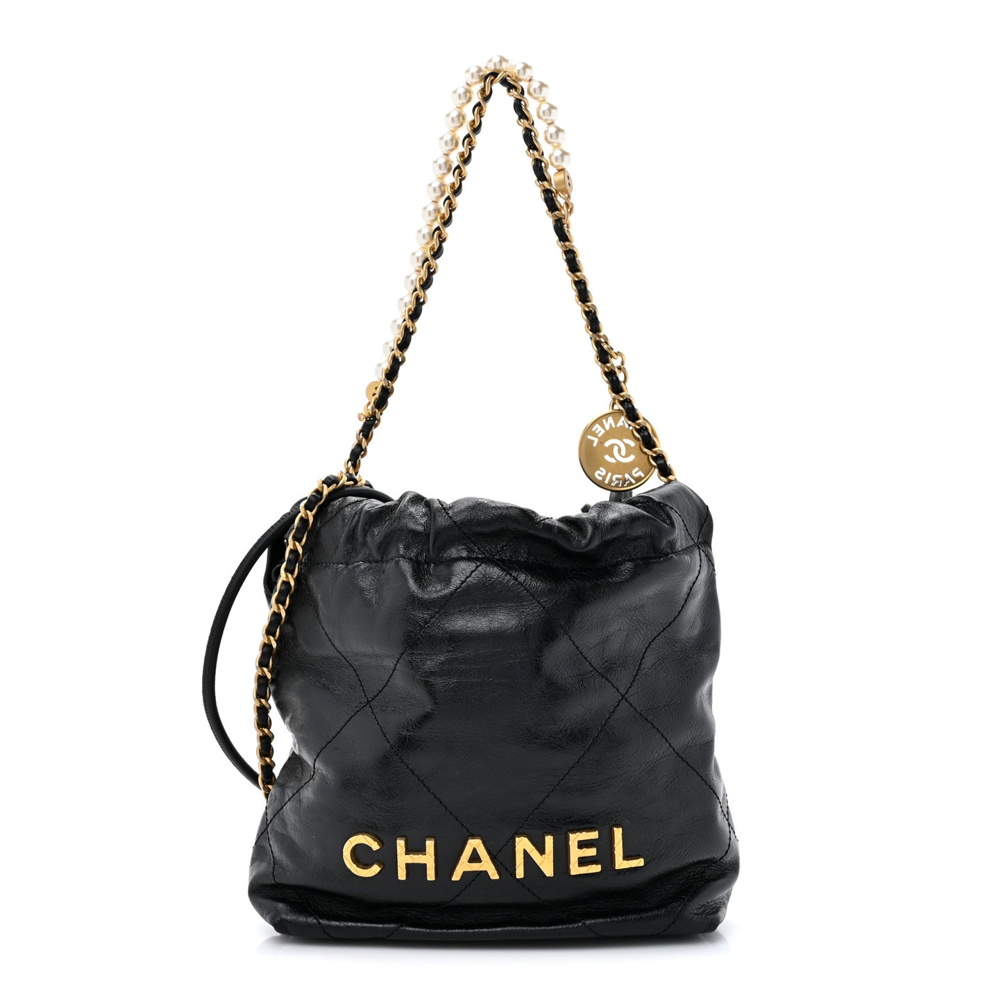Shiny Crumpled Calfskin Quilted Pearl Mini Chanel 22 Black