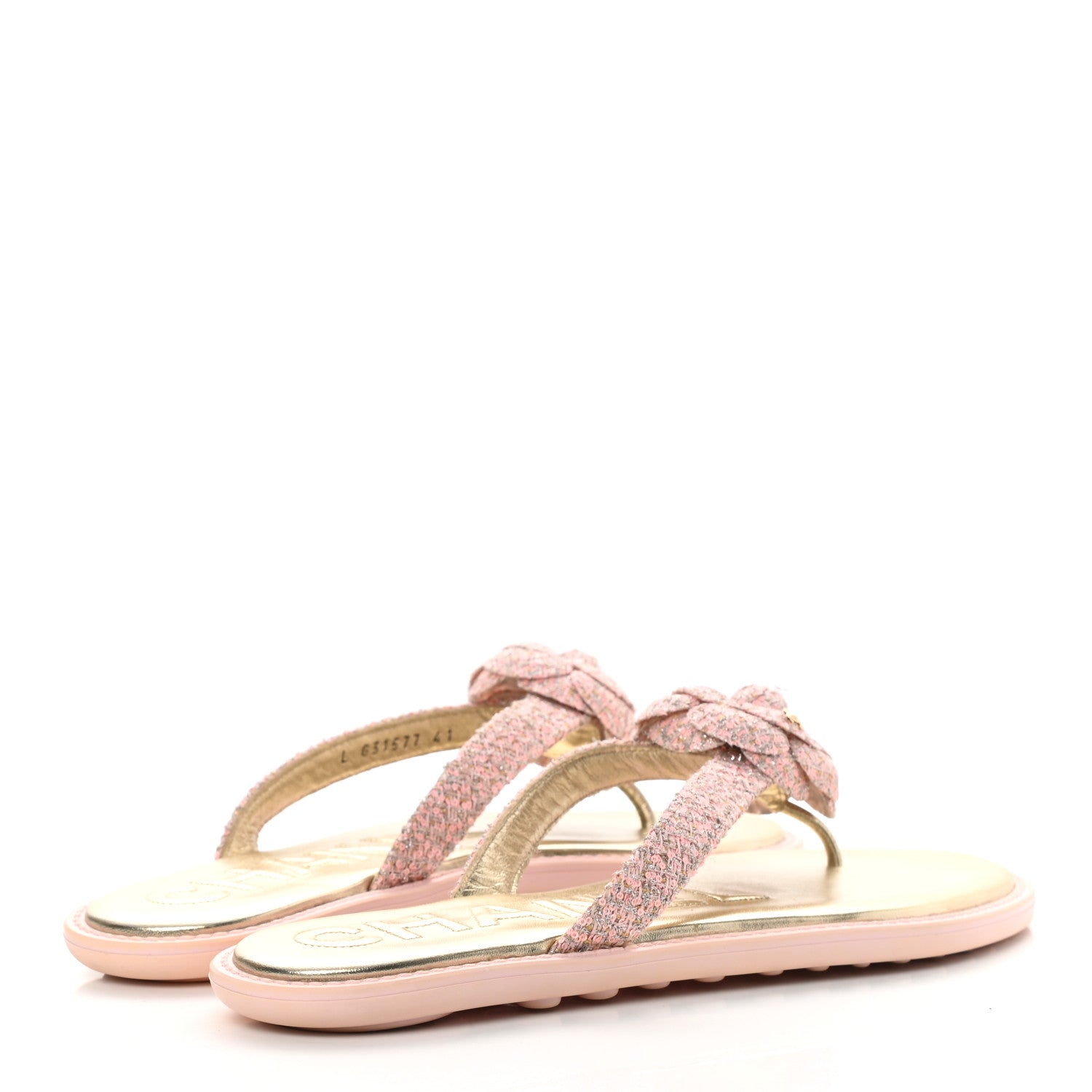 Chanel Tweed Quilted Camellia Thong Sandals 41 Salmon Apricot Gold 4 of 10