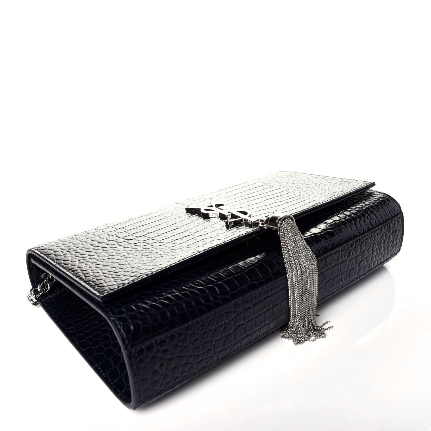 Saint Laurent Calfskin Crocodile Embossed Medium Classic Monogram Kate Tassel Satchel Blue Sapphire 4 of 8