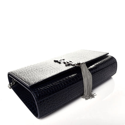 Saint Laurent Calfskin Crocodile Embossed Medium Classic Monogram Kate Tassel Satchel Blue Sapphire 4 of 8