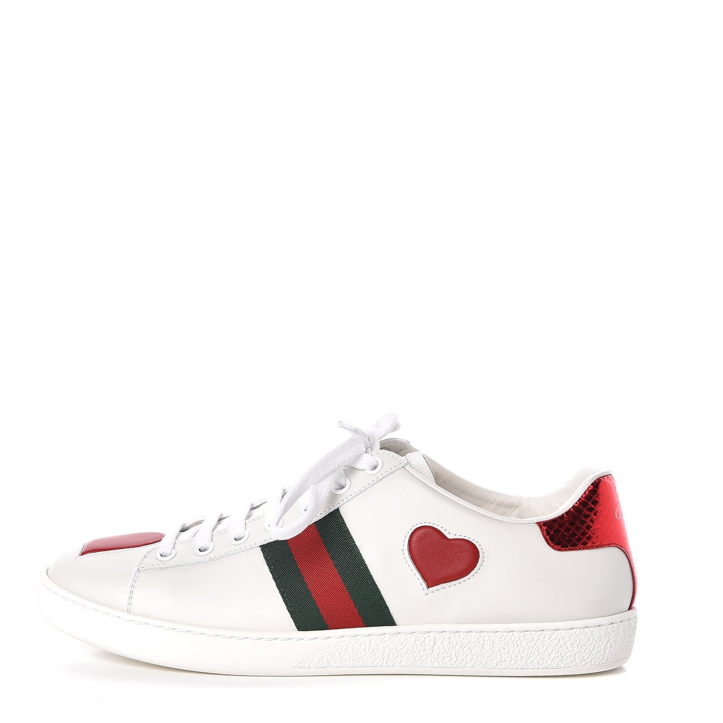 Calfskin Web Heart Embroidered Womens Ace Sneakers 38 White