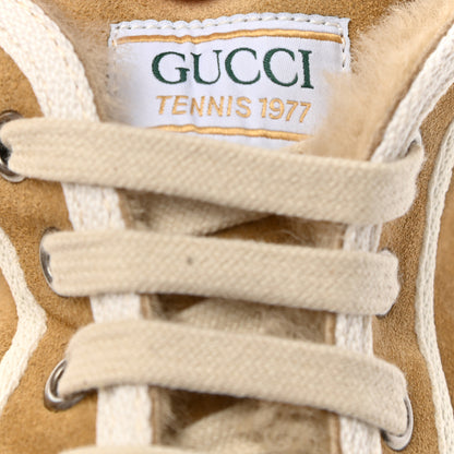 Gucci Suede Shearling Web Mens 1977 Tennis High Top Sneakers 7 Butterscotch Mystic White 8 of 10