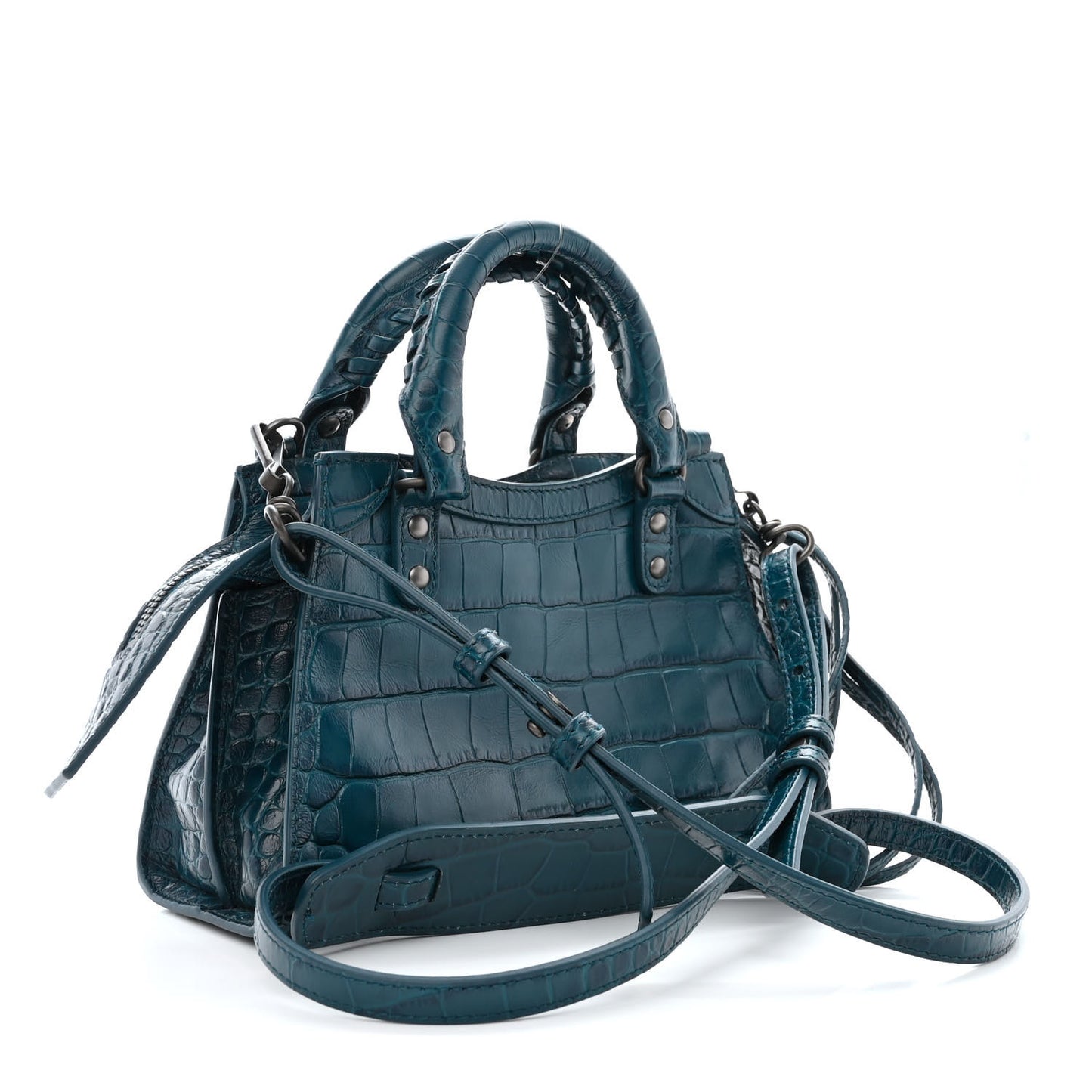 Calfskin Crocodile Embossed Neo Classic Silver Hardware Mini City Dark Petrol Blue