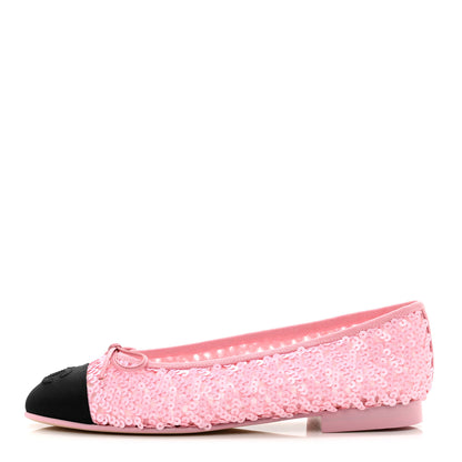 Chanel Sequins Satin Cap Toe CC Flat 37 Pink Black 1 of 8