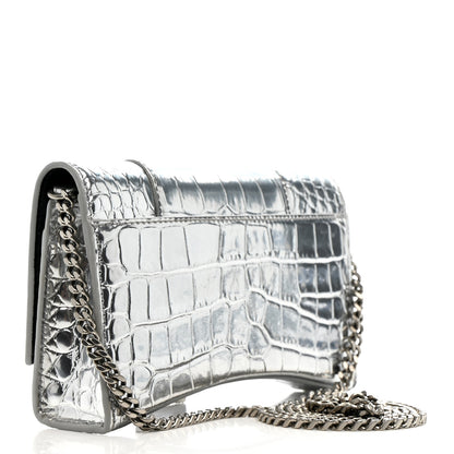 Balenciaga Metallic Calfskin Crocodile Embossed Hourglass Chain Bag Silver 3 of 13