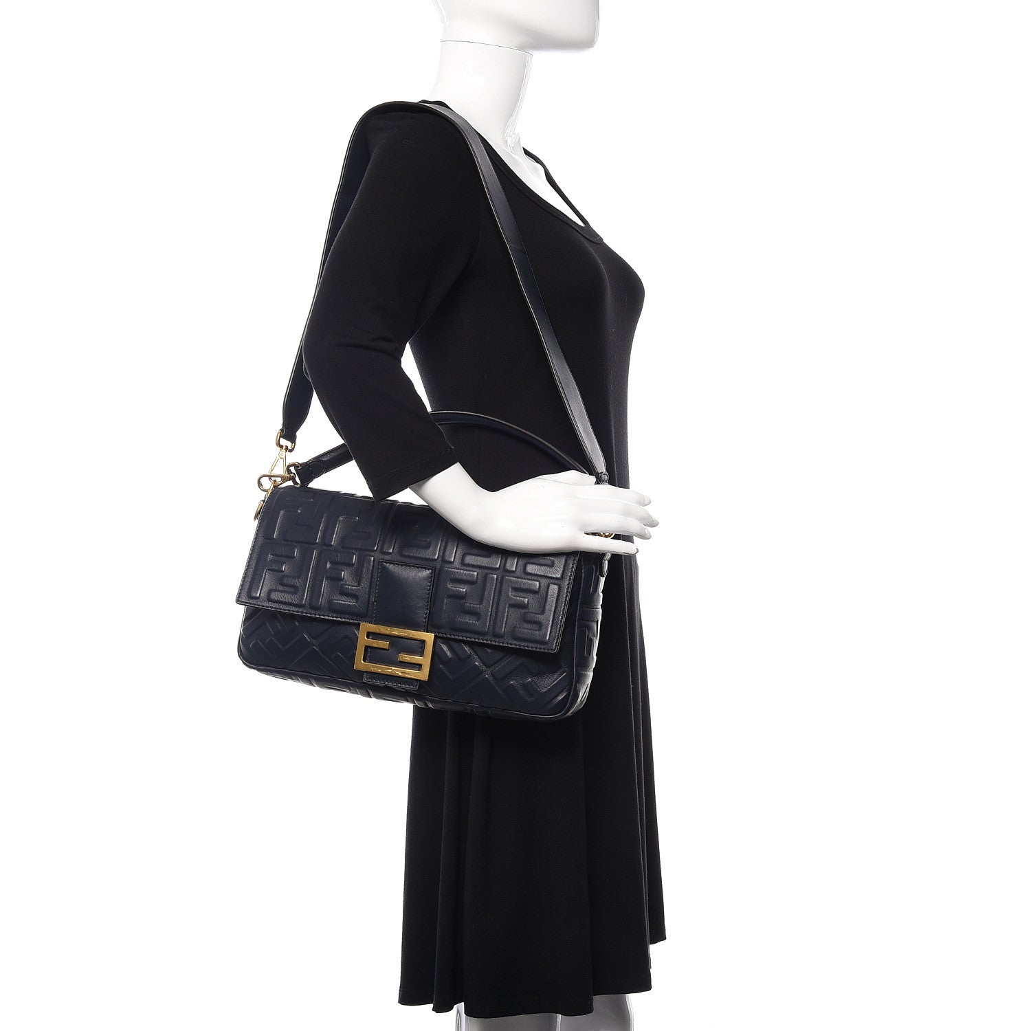 Fendi Nappa FF 1974 Embossed Large Baguette Midnight 2 of 9