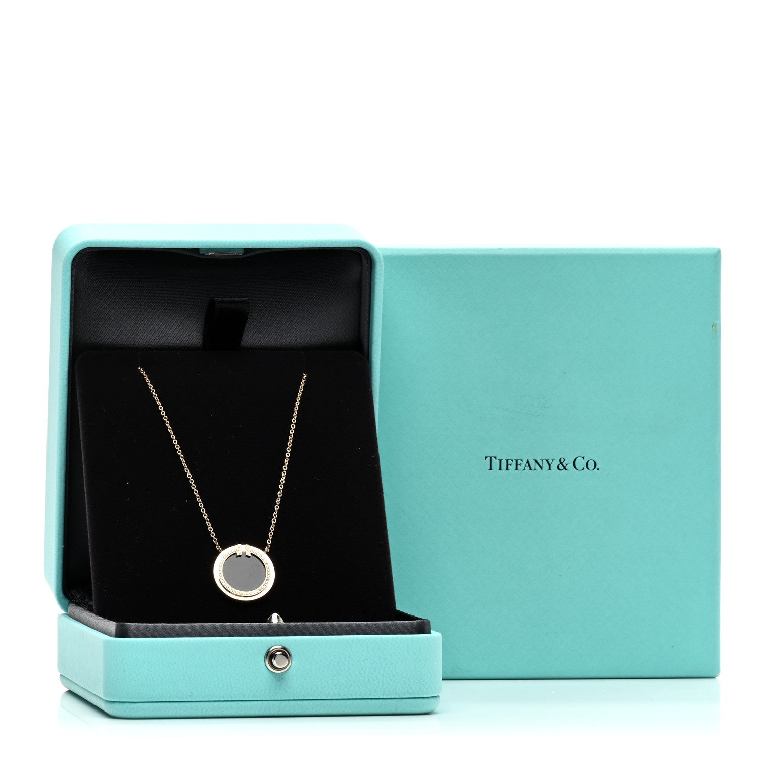 Tiffany 18K Yellow Gold Diamond Black Onyx 16mm T Circle Pendant Necklace 5 of 5