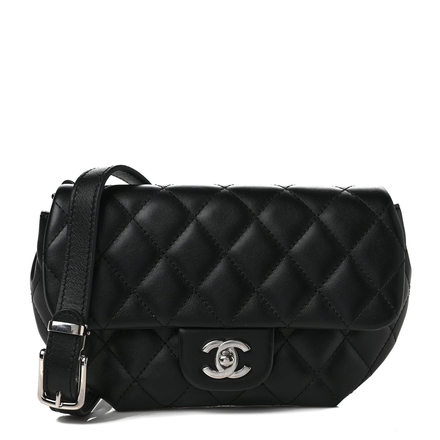Calfskin Quilted CC Uniform Flap Belt Bag Black