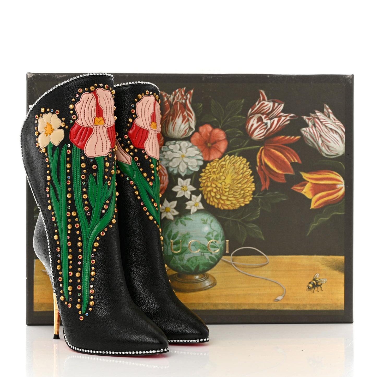 Calfskin Floral Crystal Embroidered Fosca Boots 36 Black