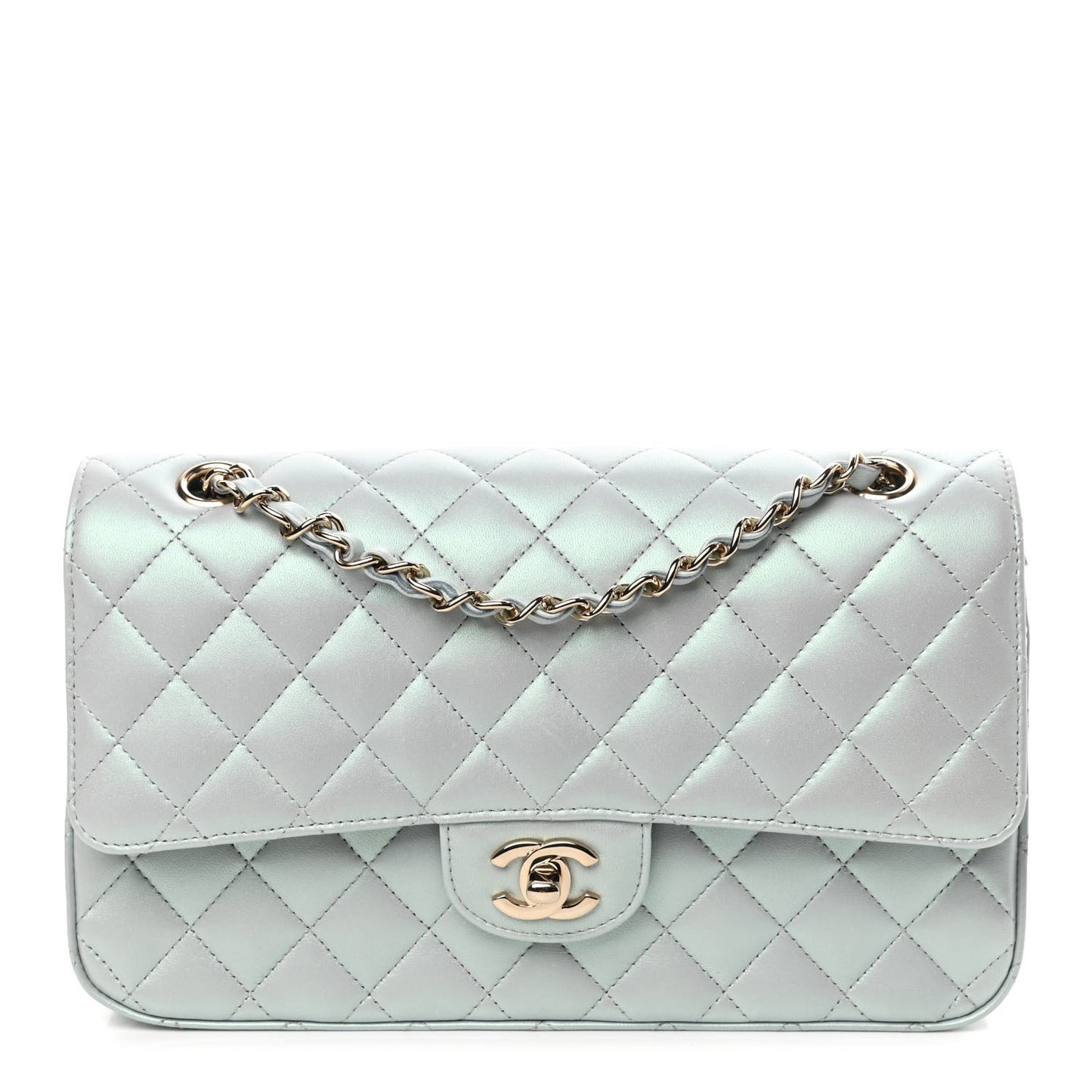 Iridescent Lambskin Quilted Medium Double Flap Light Blue